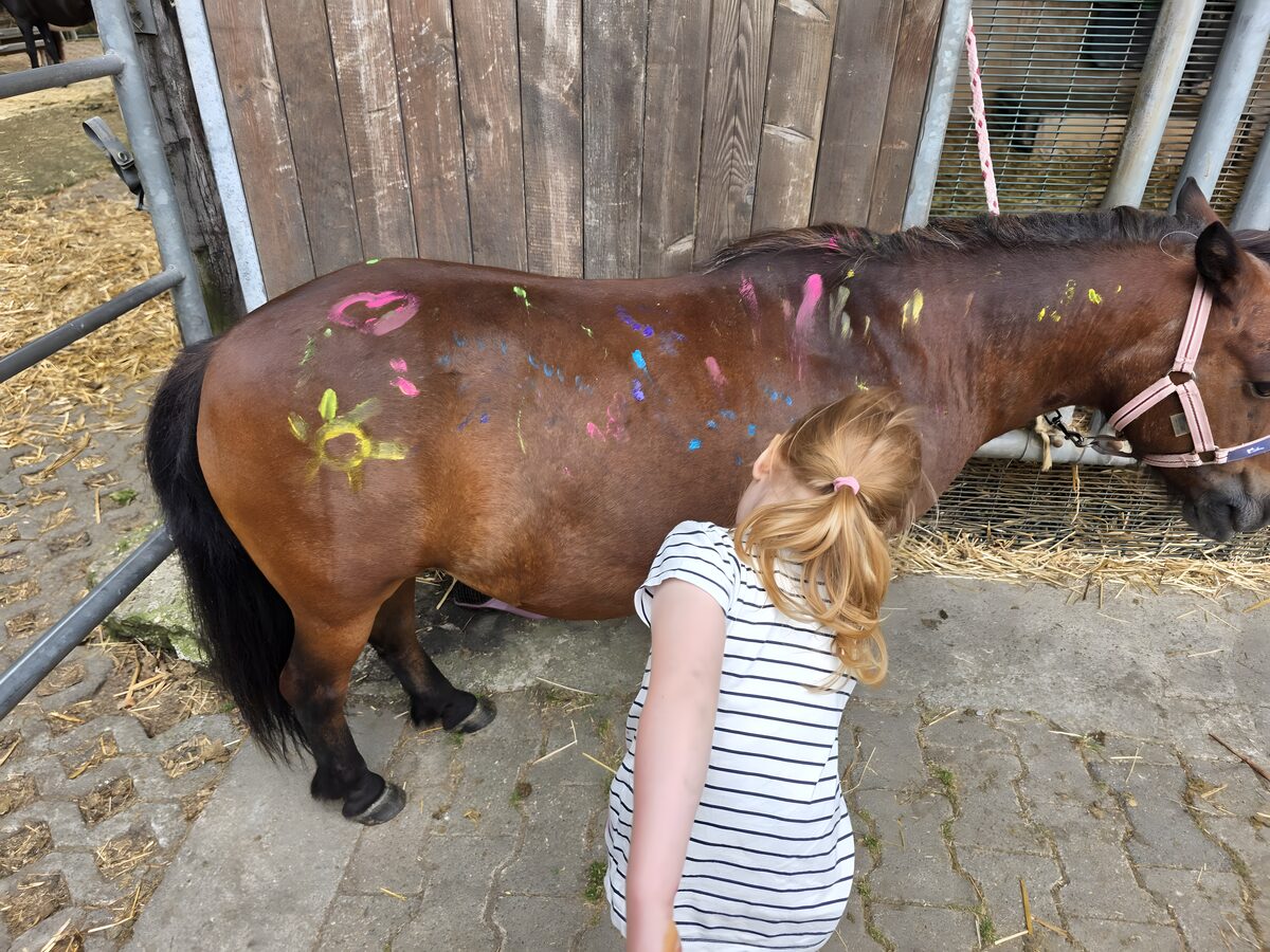 Kind bemalt ein Pony, Kindergeburtstag